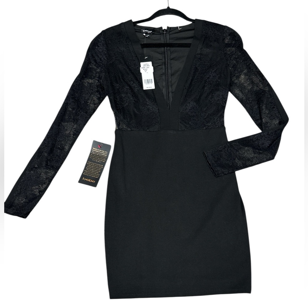 Bebe NWT‎ Black Plunge V-Neck Lace Ponte Dress – XS